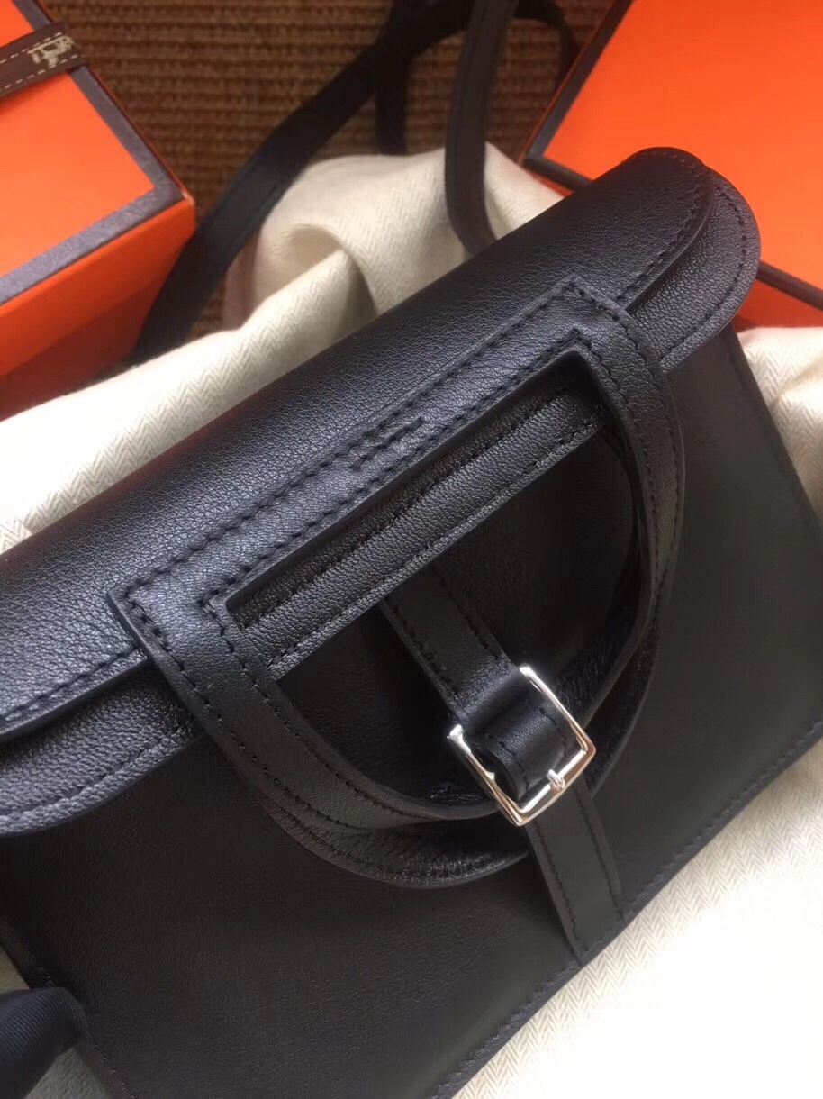 Hermes Mini Halzan 22 Handbag Shoulder Bag In Black Swift Leather